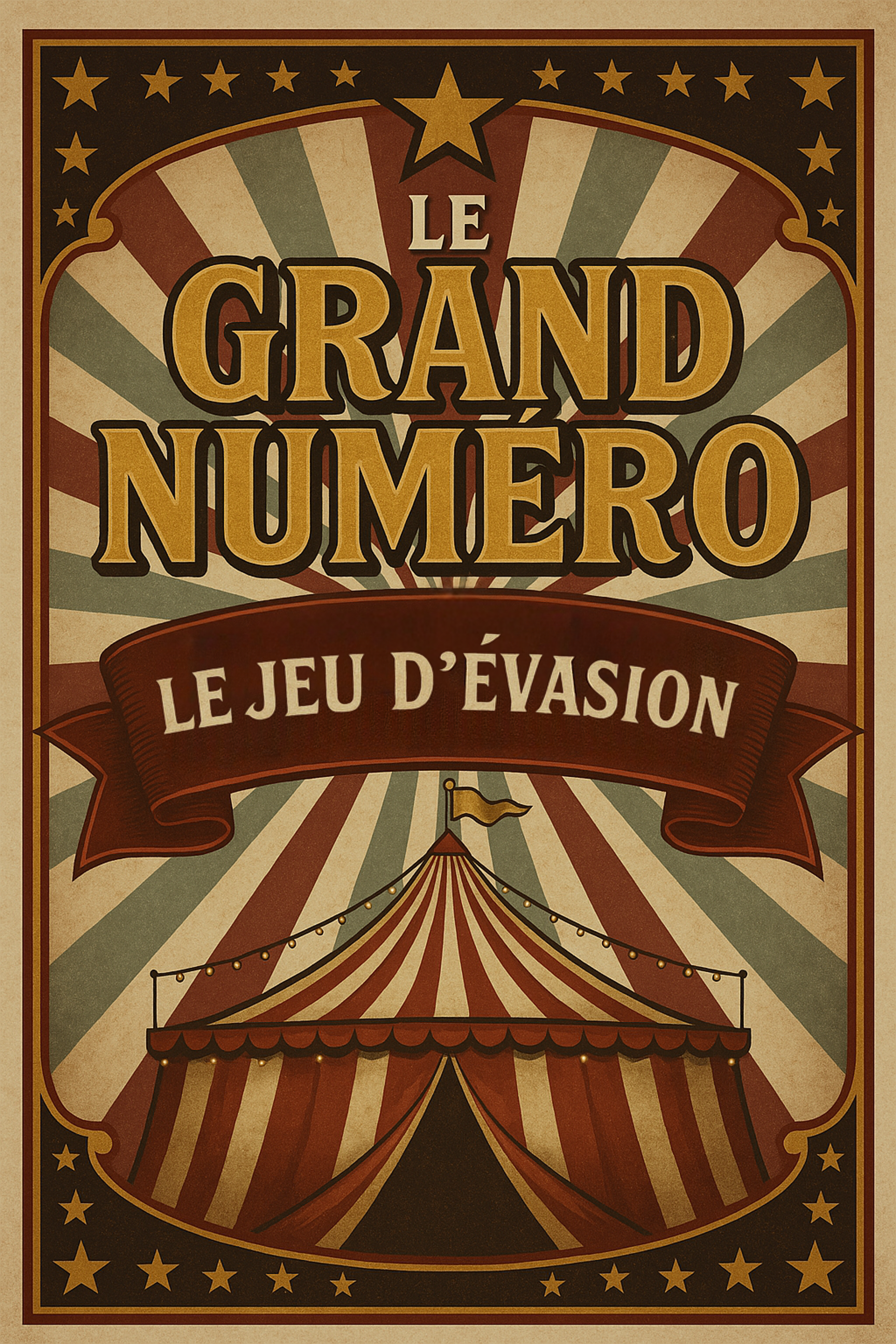 Affiche vintage de style cirque sur fond beige texturé avec des rayons rouges et bleu-vert émanant du centre. En haut, on lit « Le Grand Numéro » en grandes lettres dorées avec ombrage noir. En dessous, un ruban rouge porte l’inscription « Le Jeu d’Évasion » en lettres blanches. En bas de l’affiche, une illustration d’un chapiteau rouge et blanc avec fanions et guirlandes lumineuses complète le visuel, entouré d’un cadre orné d’étoiles dorées.