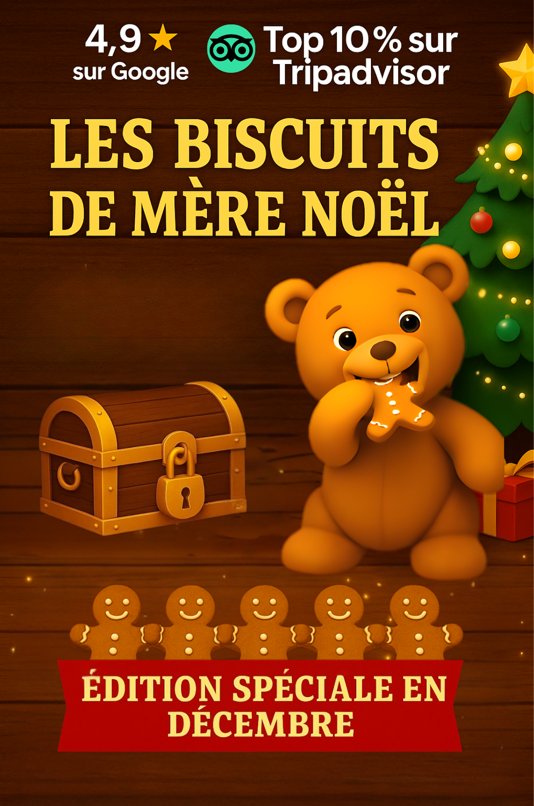 Illustration festive intitulée Les biscuits de Mère Noël. On y voit un coffre au trésor verrouillé, un ours en peluche souriant qui mange un biscuit pain d’épice, et un sapin décoré avec des lumières. Une bannière rouge indique : “Édition spéciale en décembre”.